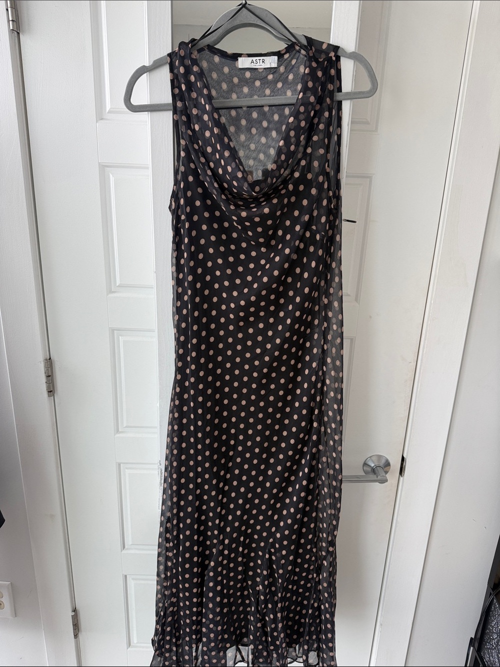 ASTR Black Polka Dot Cowl Neck Maxi Dress with Beige Dots